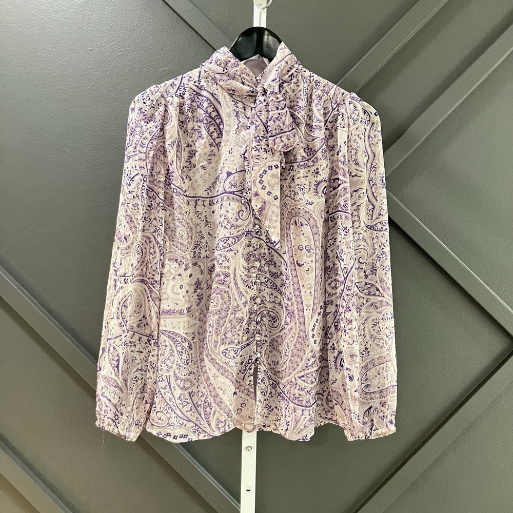 Ann Taylor Paisley Tie Neck Blouse Womens SP Lavender Long Sleeve Top NWT - Picture 1 of 11